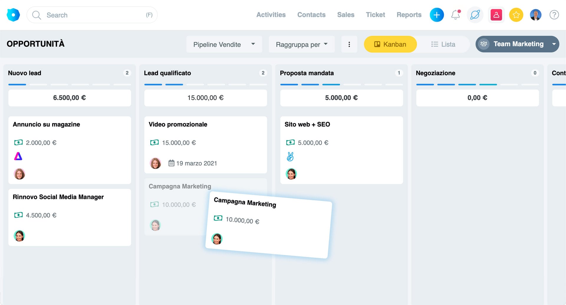 Crea opportunità di vendita su contatti salvati, definisci l'importo e la fase di vendita. Attraverso diverse pipeline avrai tutto sotto controllo e il follow-up con i contatti sarà immediato.